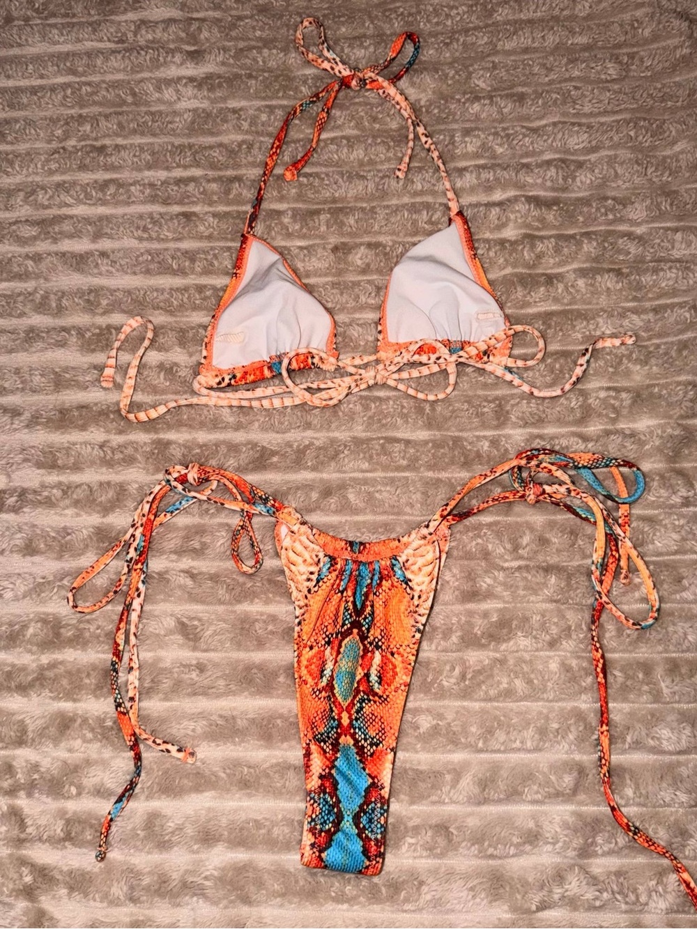 String Tie-Side Bikini in Orange and Beige - Picture 3 of 7
